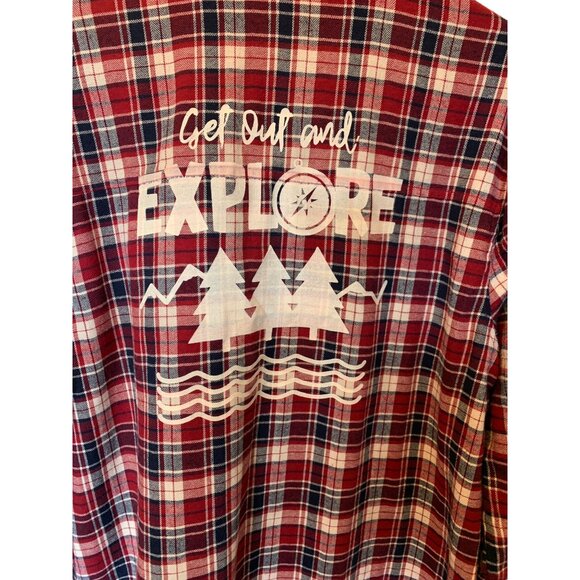 🍒 2/$20 🍒 Red Plaid with Lace Fringe and Explore Screen Print Flannel sz XL - Picture 6 of 8